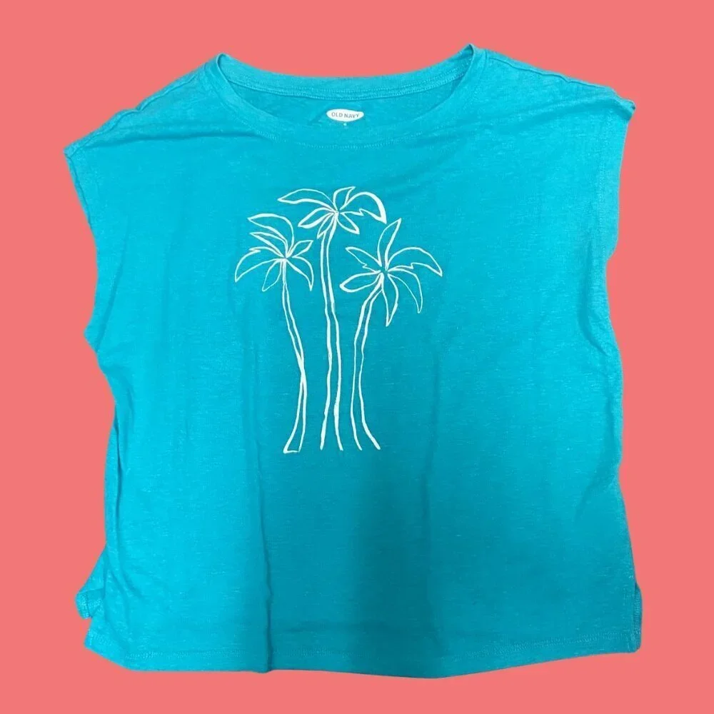 Old Navy Palm Tree Graphic Tank Top – Blue Linen Blend Women’s Size M - Picture 2 of 6